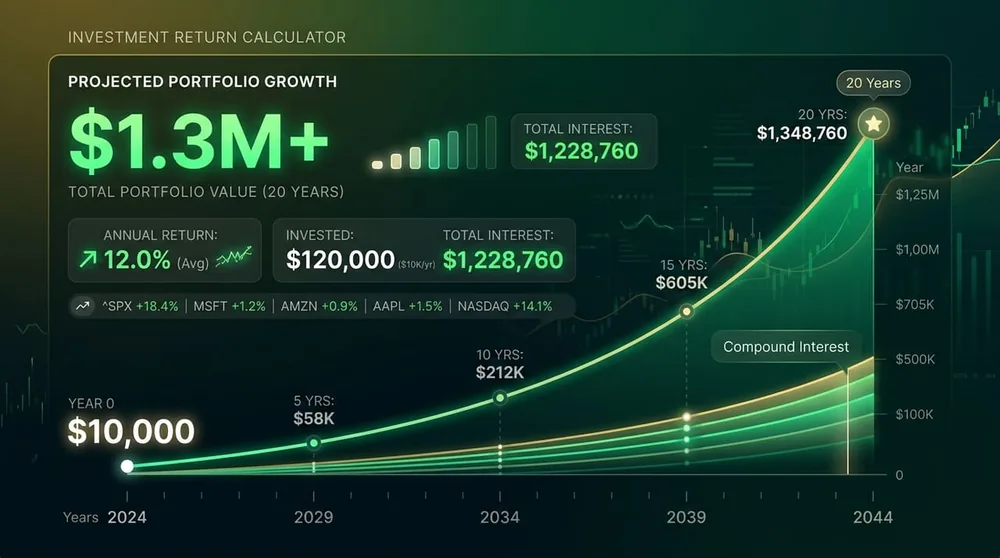 Investment portfolio compound growth chart showing returns over 20 years with monthly contributions