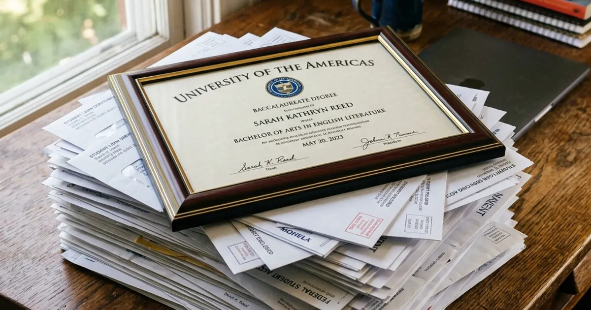 A university diploma resting on top of a large stack of student loan bills on a wooden desk.