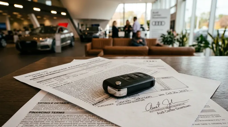 Close up photography of a new car key fob resting on a vehicle purchase and leasing contract inside an automotive showroom in 2026