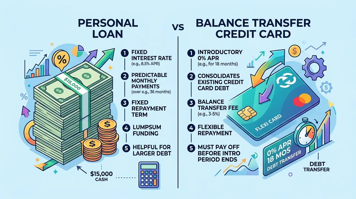 Side by side comparison of a fixed personal consolidation loan versus a 0% APR promotional balance transfer credit card in 2026