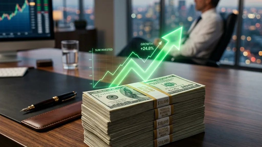 A large stack of cash with an upward growth arrow representing lump sum investing.