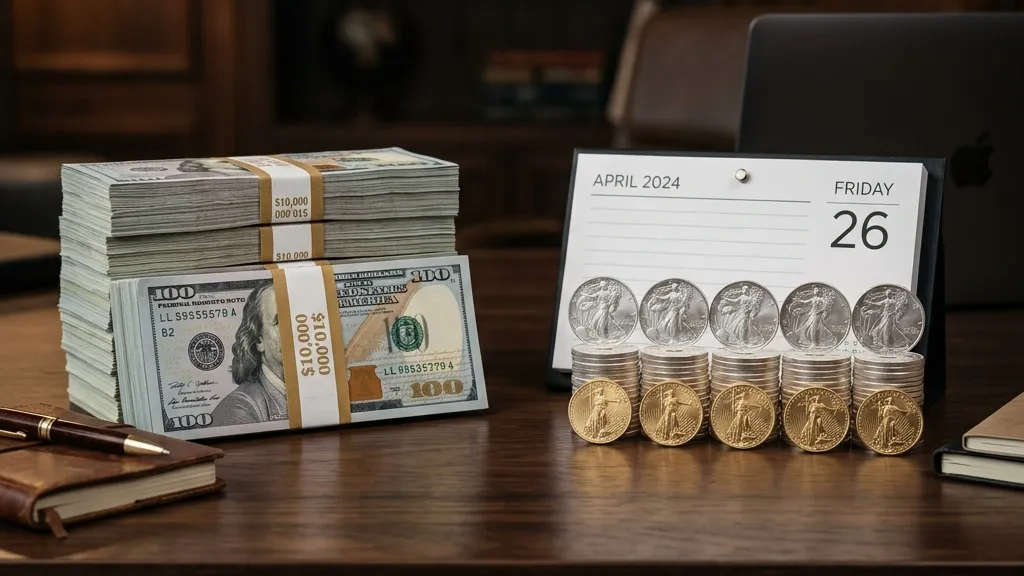 Illustration comparing a large stack of cash to a calendar with monthly coins.