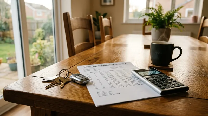 House keys on a wooden dining table next to an amortization schedule and pocket calculator symbolizing a 10-year mortgage payoff plan in 2026