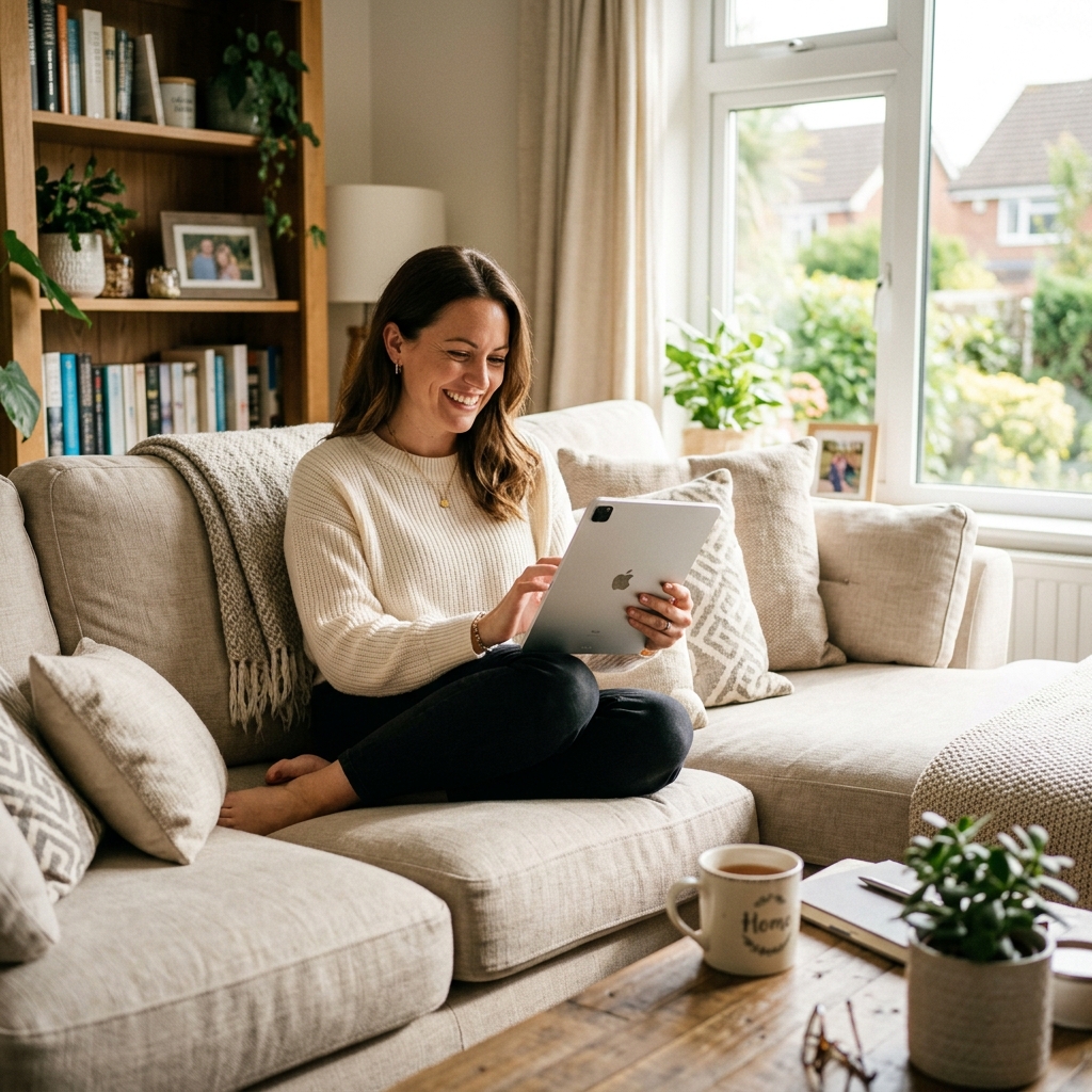 A homeowner reviewing mortgage term options on a tablet while sitting on their living room sofa.