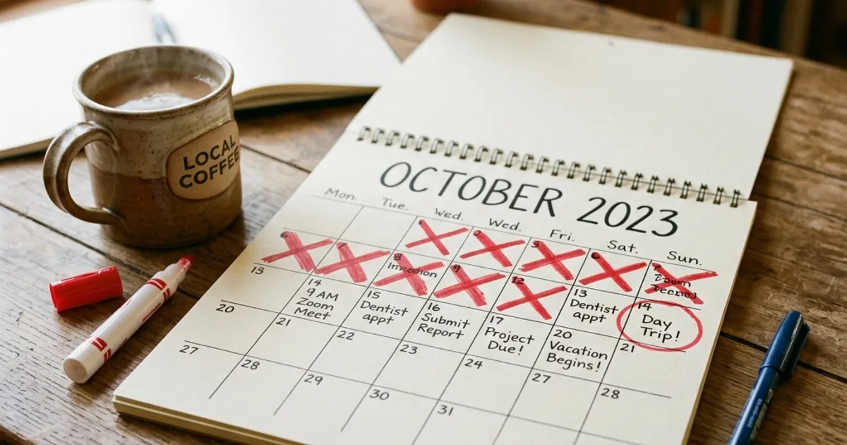 A handwritten physical wall calendar on a wooden desk. Several days are crossed out with a red marker.