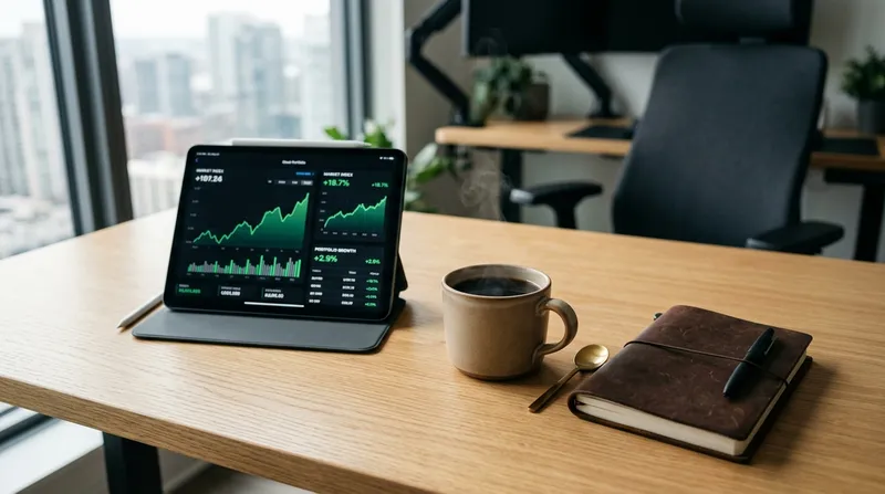A modern minimalist desk with a hot cup of black coffee and a sleek tablet displaying upward stock portfolio charts.