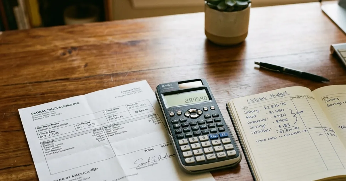 A printed employee paycheck resting next to a sleek calculator and an open budget planner notebook on a clean wooden desk.