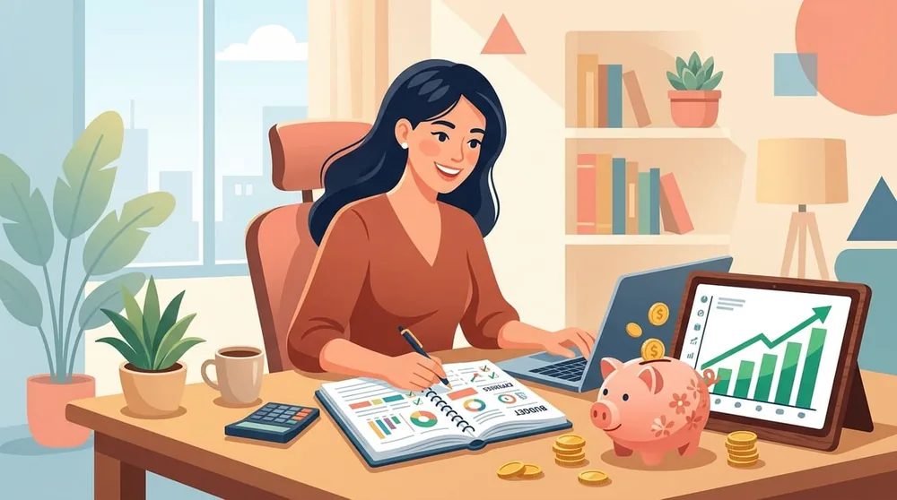 Person confidently organizing budget at a desk with a savings chart rising in the background