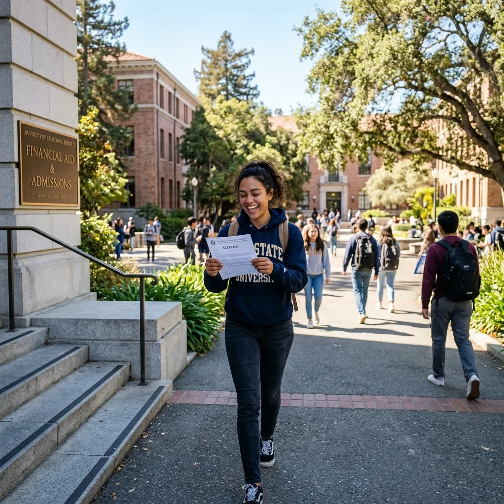 A happy college student walking out of a university financial aid office with an acceptance letter.