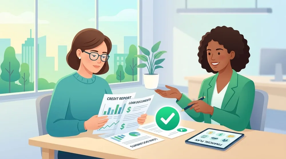 Person examining financial documents and credit reports with a reassuring symbol of loan approval