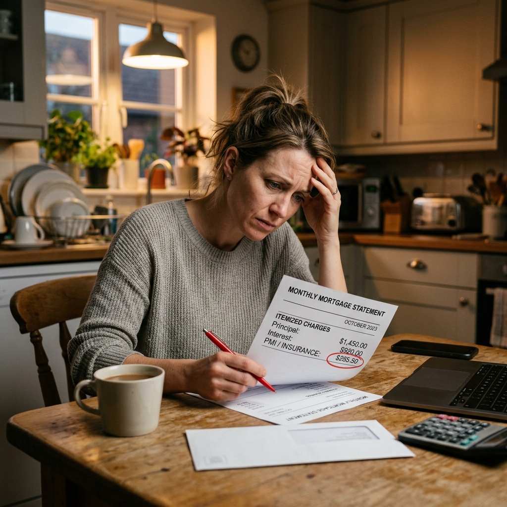 A homeowner reviewing their monthly mortgage statement highlighting the PMI charge.