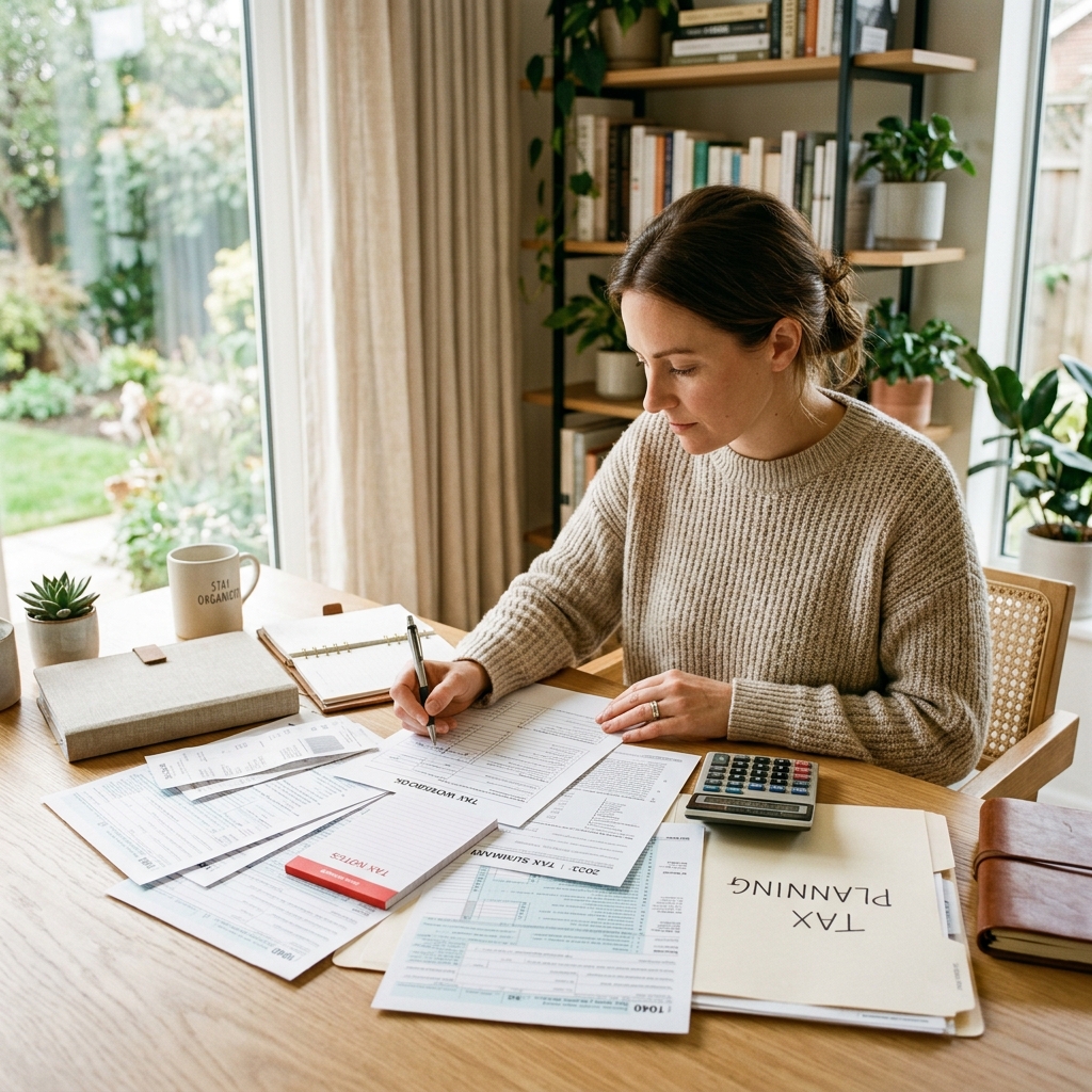 A person reviewing financial documents and tax forms
