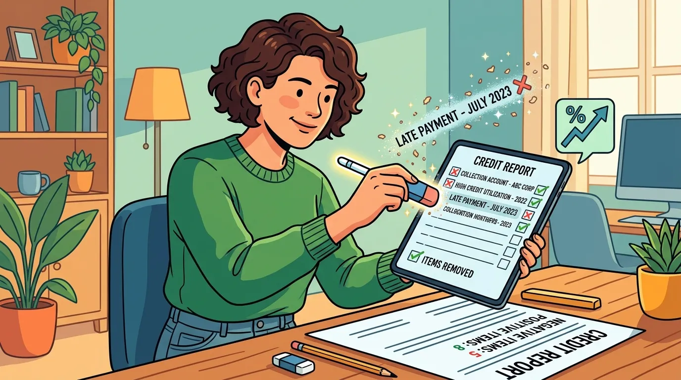 A person reviewing a credit report with a magnifying glass to find errors.