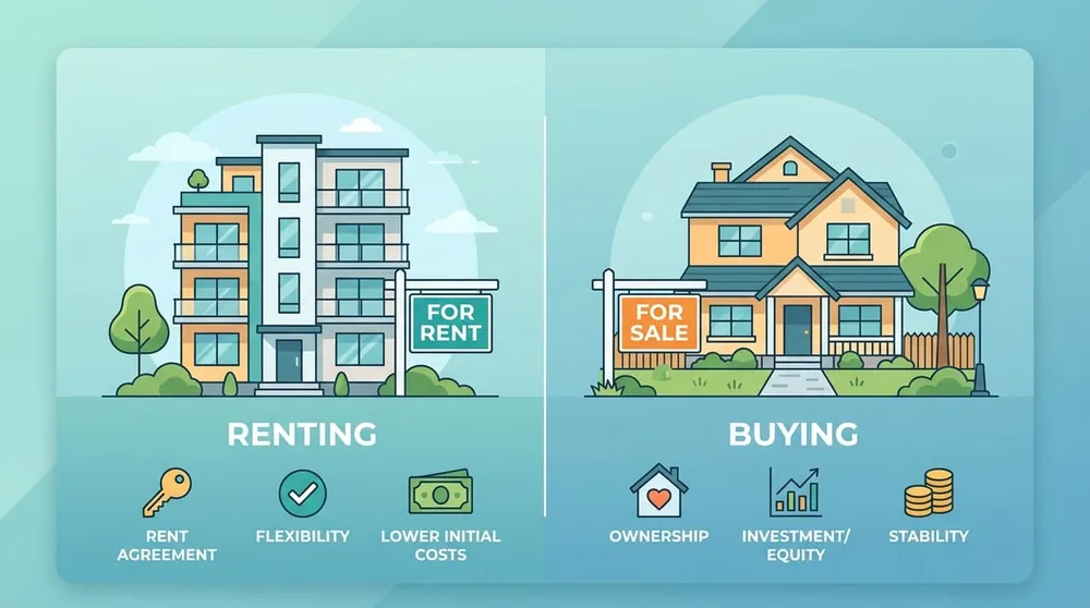 Illustration comparing renting an apartment versus buying a house — two equal options side by side