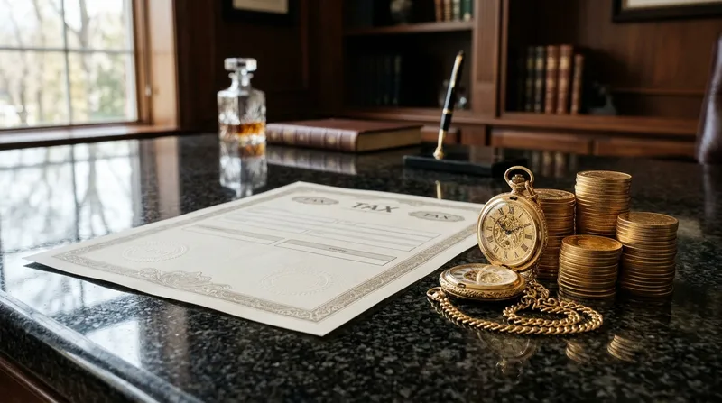 An elegant IRS tax document resting on a polished granite desk beside a vintage gold pocket watch and a stack of gold coins.