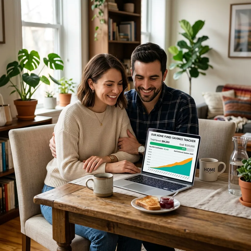 A young couple reviewing their savings account and budget spreadsheet at a dining table.