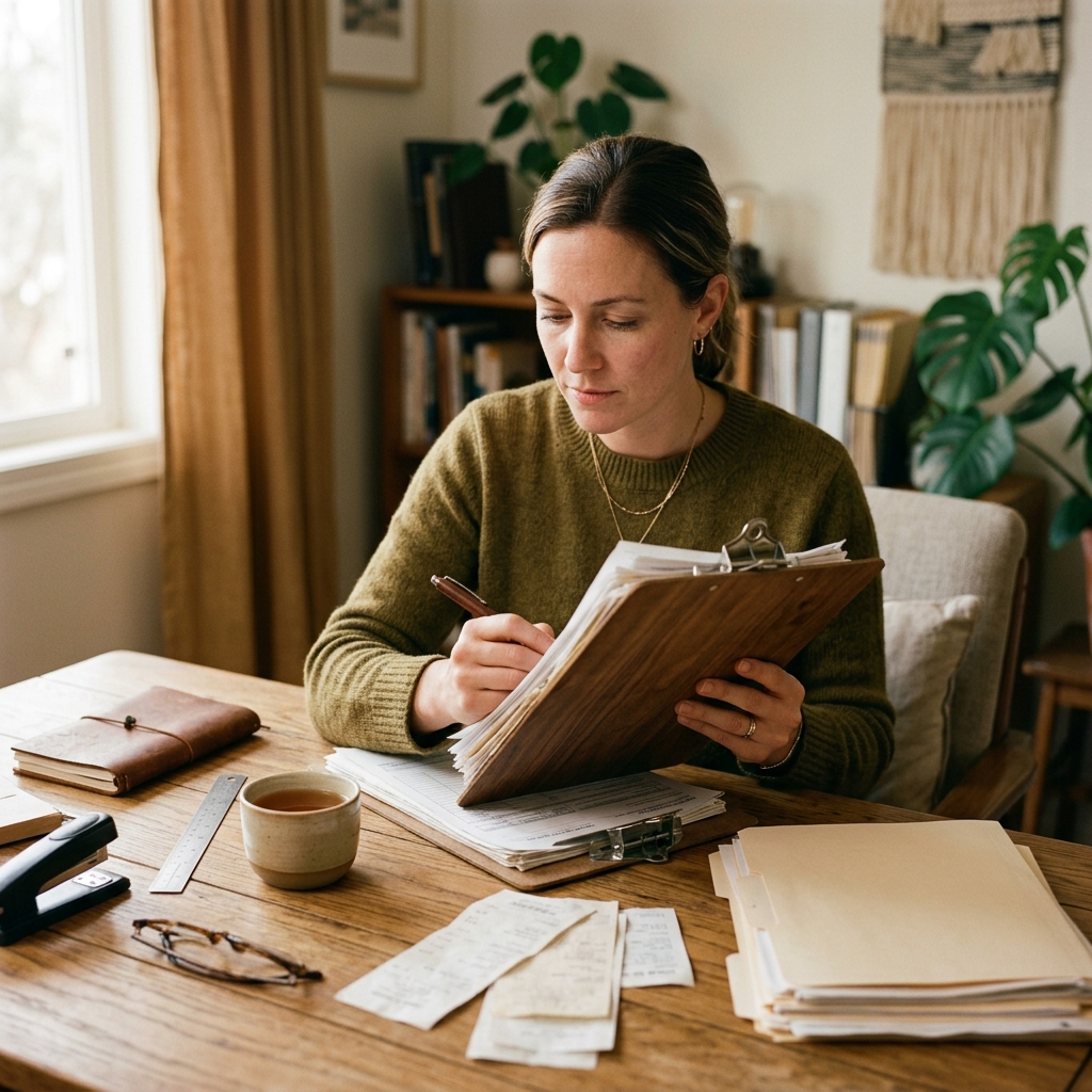 A freelancer reviewing business expenses and tax documents on a clipboard