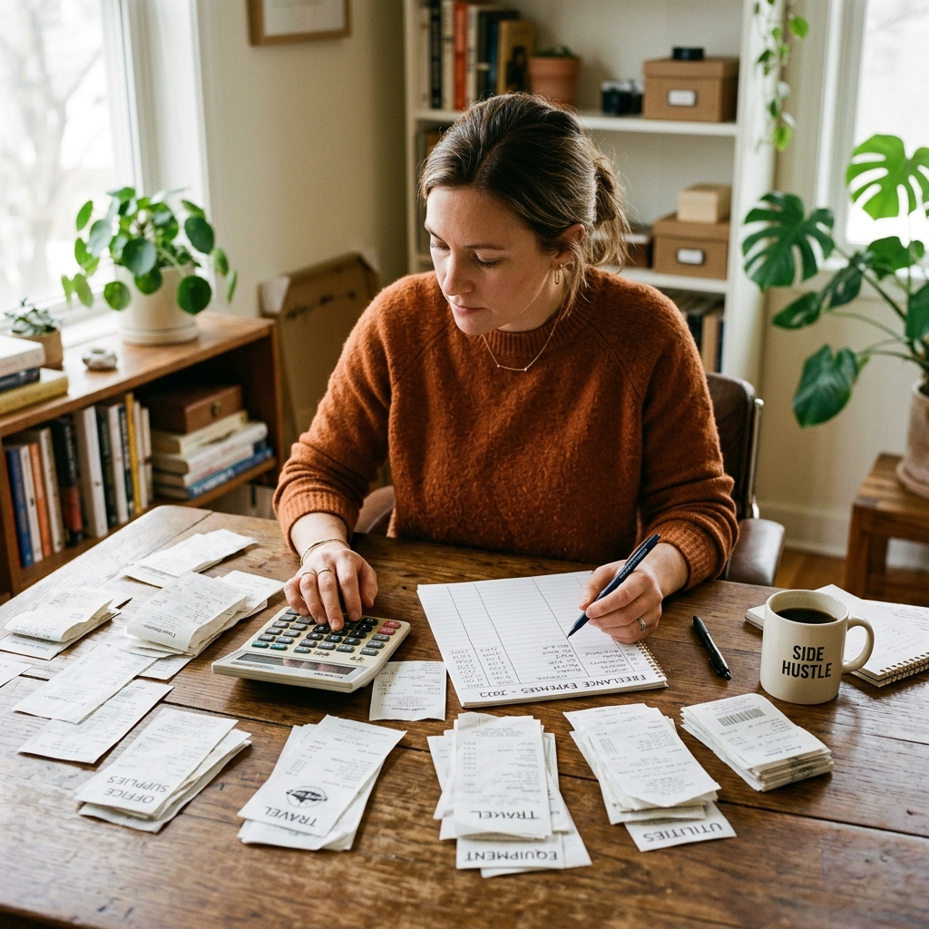 A freelancer sorting through receipts and calculating expenses at a desk