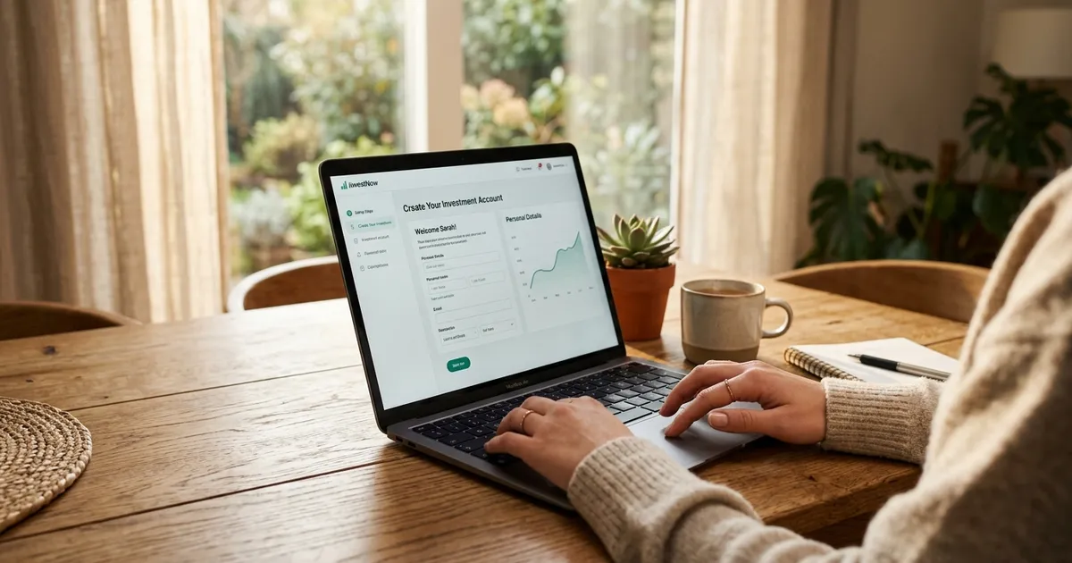 Hands setting up an investment account on a sleek laptop on a wooden dining table in soft morning sunlight.