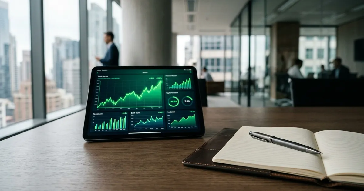 A tablet displaying stock market return charts on a modern desk with a premium leather notebook.