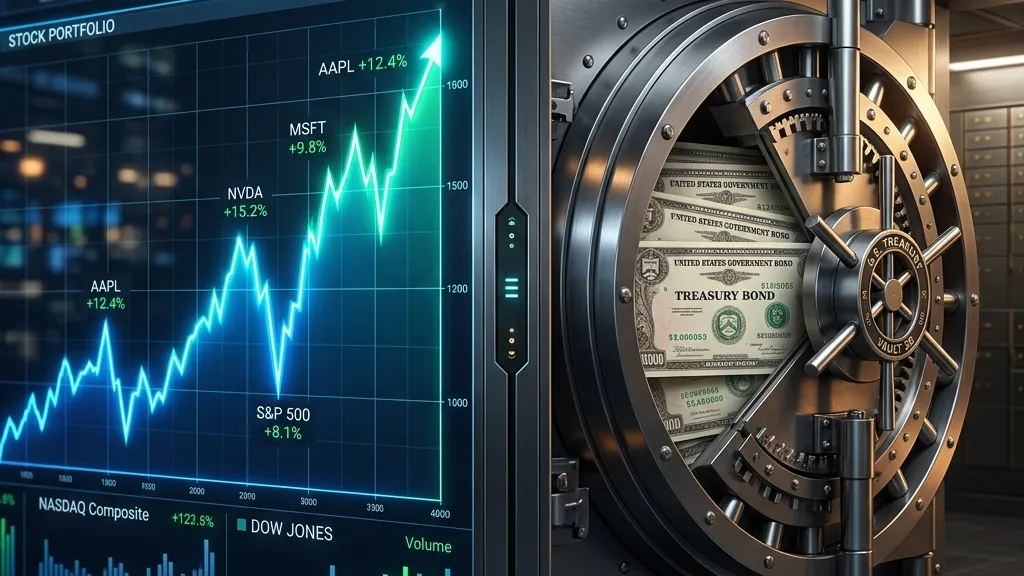 Split conceptual scene showing an upward stock market chart on the left and a secure vault door with government bonds on the right