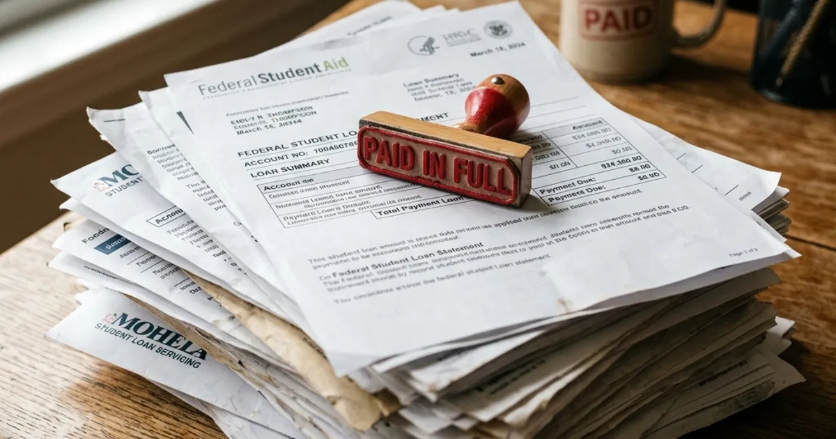 A red 'PAID IN FULL' rubber stamp resting on top of a stack of official student loan documents on a wooden desk.