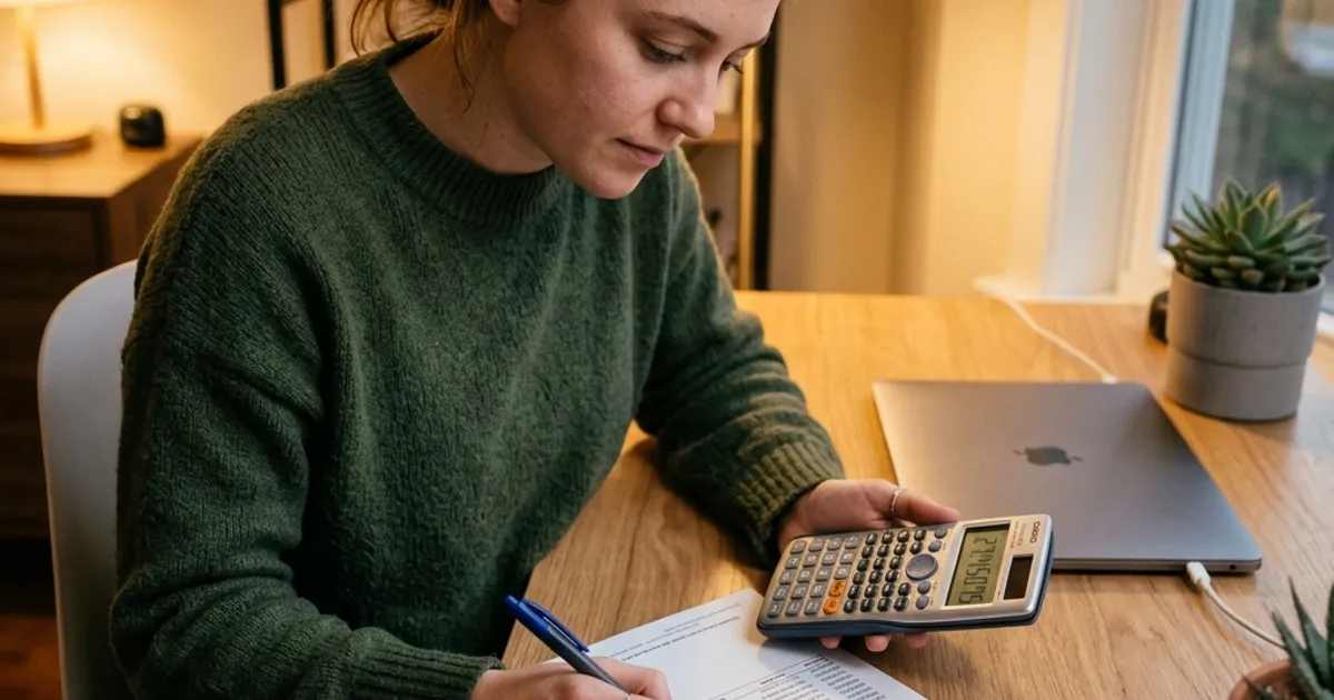A person holding a calculator next to a printed student loan statement and a pen.