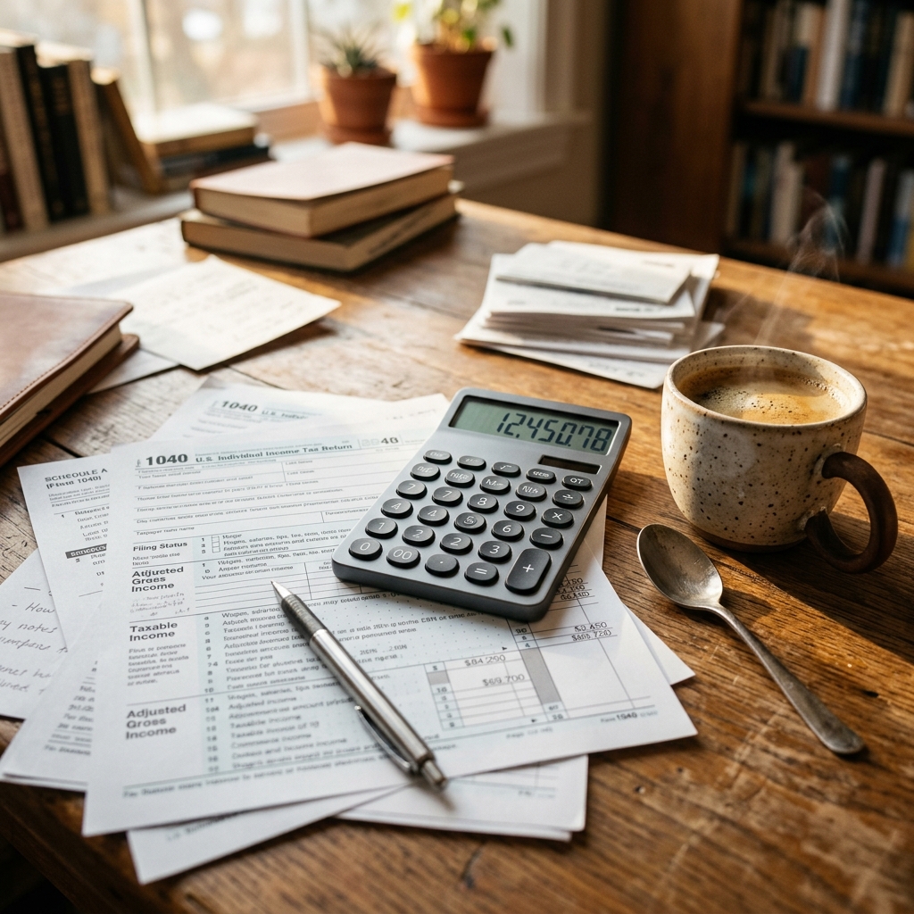 A close up of a tax form and a calculator on a desk.