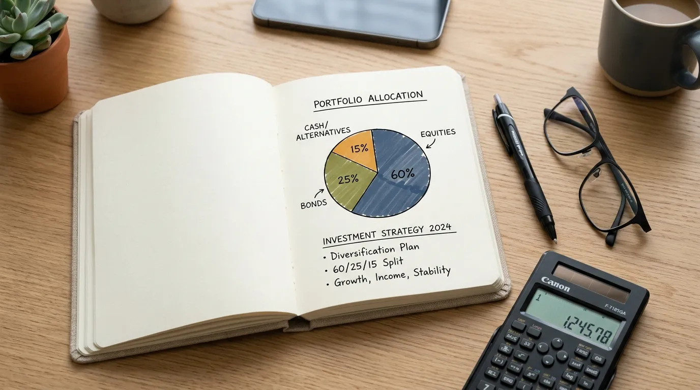 A pie chart representing a diversified investment portfolio on a digital tablet.