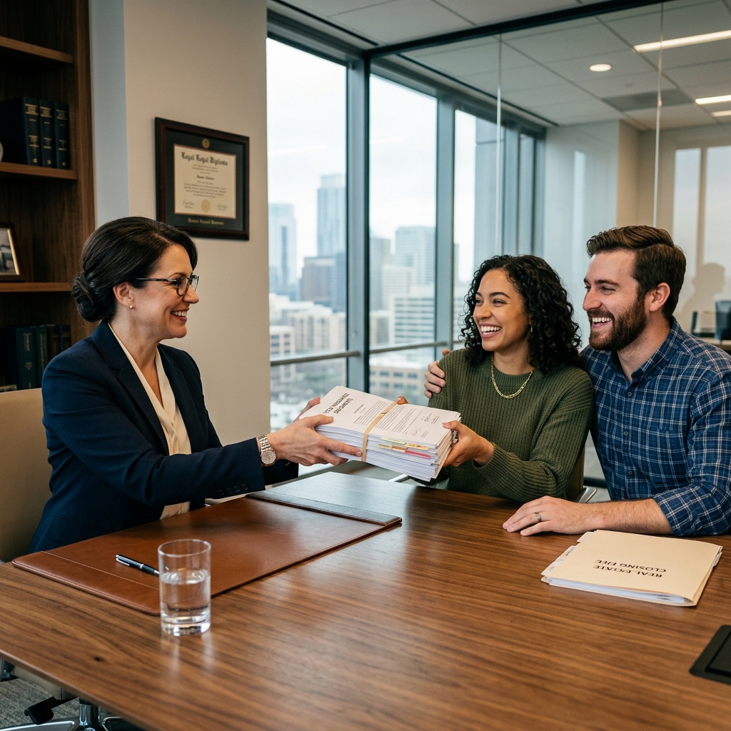 A homebuyer signing closing documents with a title company representative.