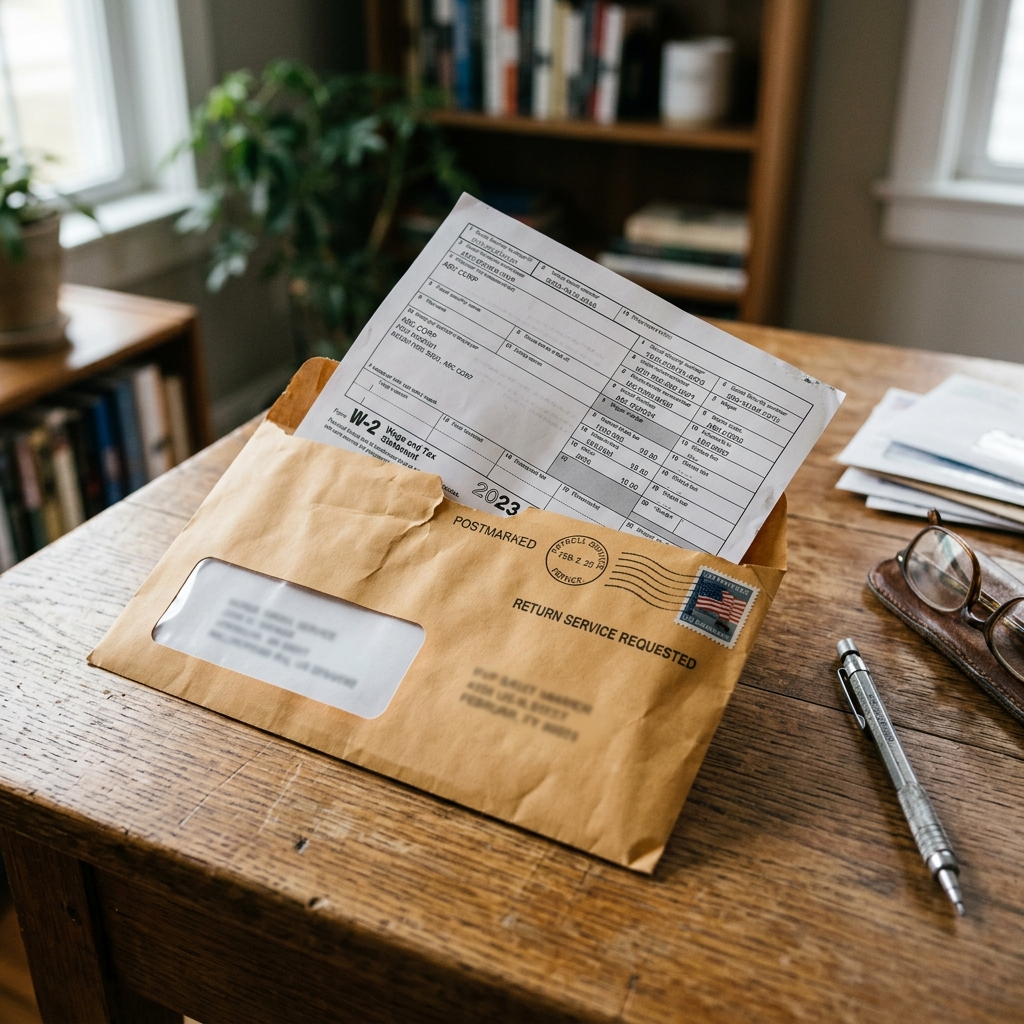 A physical W-2 tax form resting on a desk