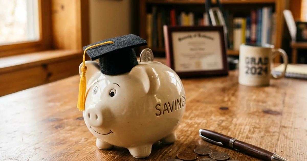 A ceramic piggy bank wearing a tiny graduation cap, sitting on a wooden desk next to some scattered coins.