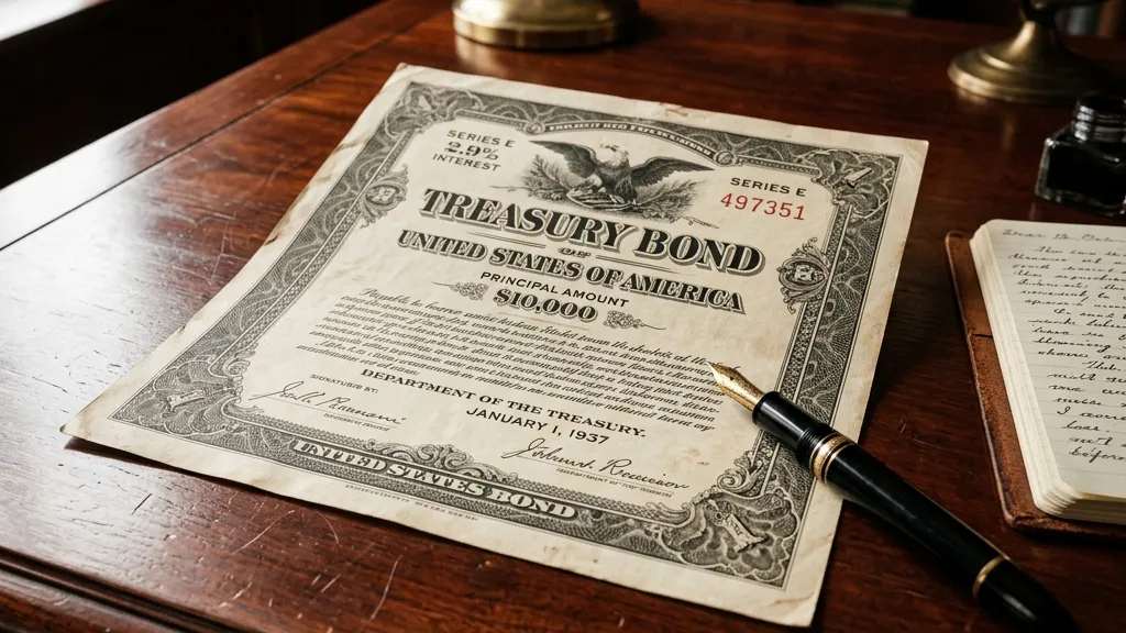 Vintage Treasury Bond certificate lying on a mahogany desk next to a fountain pen
