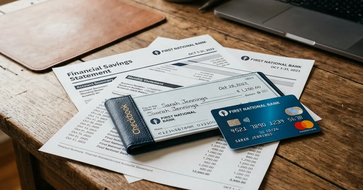 A professional checkbook and a debit card resting on top of a printed financial savings statement on a wooden desk.