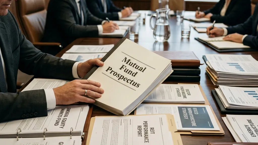 Corporate boardroom table covered in financial portfolios and a Mutual Fund Prospectus