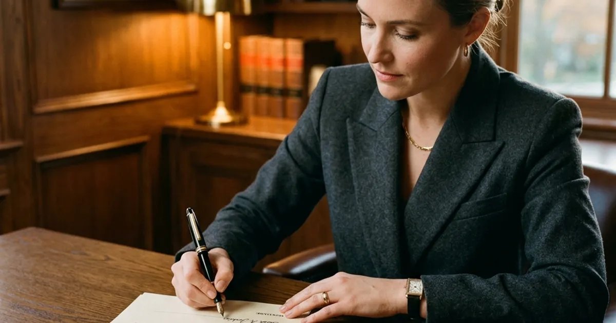 A person signing a formal legal contract titled Promissory Note with a premium fountain pen.