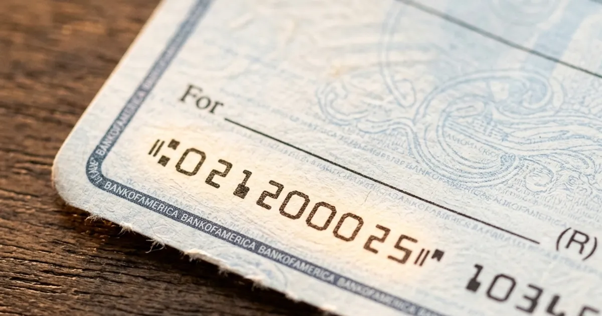 Macro photography of the bottom left corner of a personal bank check showing the 9-digit routing number.