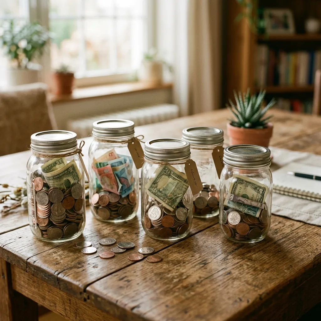 Several glass jars containing cash and coins sitting on a wooden table, representing different sinking fund categories.