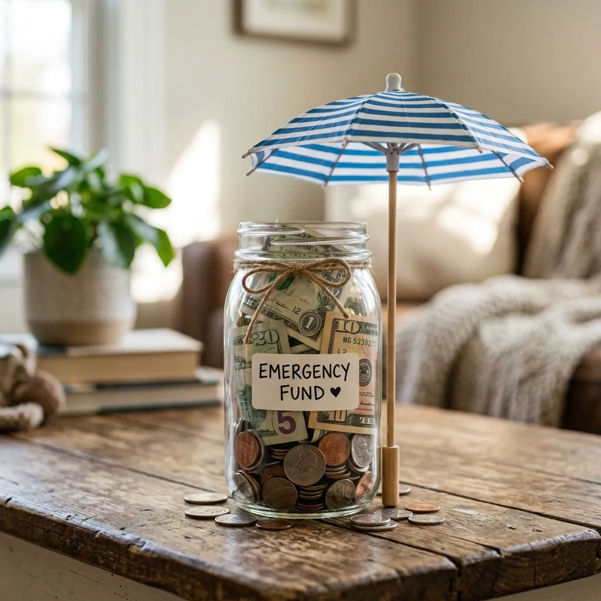 A clear glass savings jar filled with cash and coins, shielded by a small umbrella.