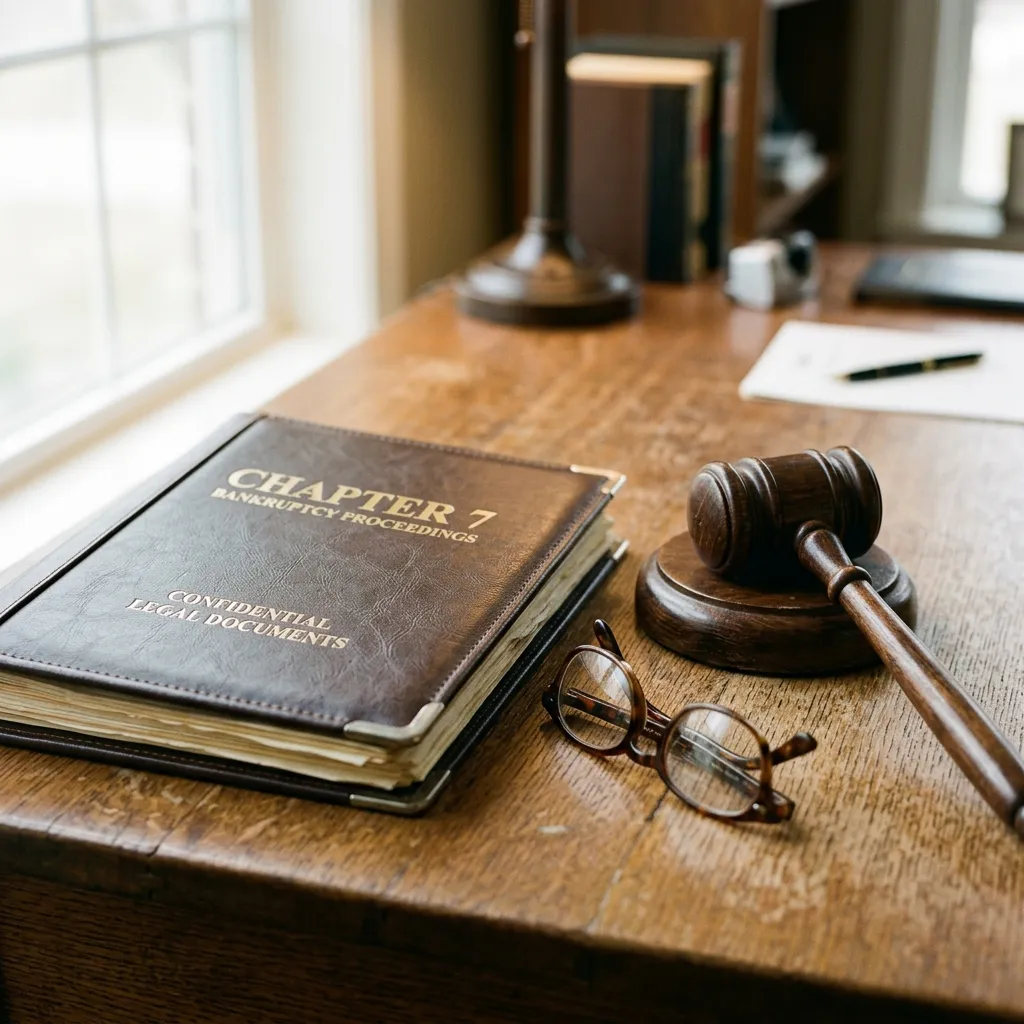 Chapter 7 bankruptcy legal documents on a wooden desk next to a gavel