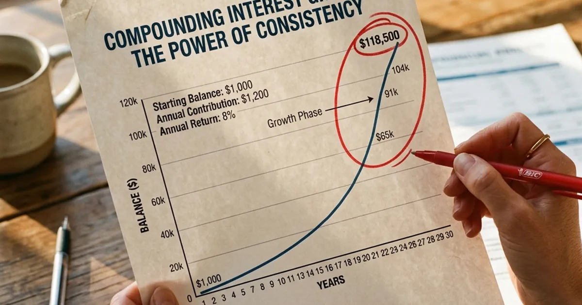 A compounding interest financial chart printed on paper, with a red pen circling a rapidly growing balance.
