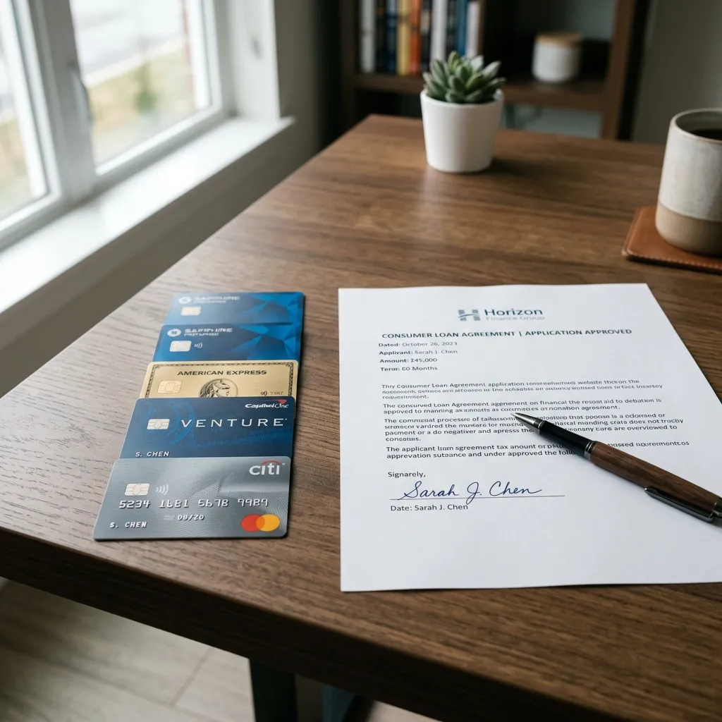 Credit cards sitting next to an approved loan document