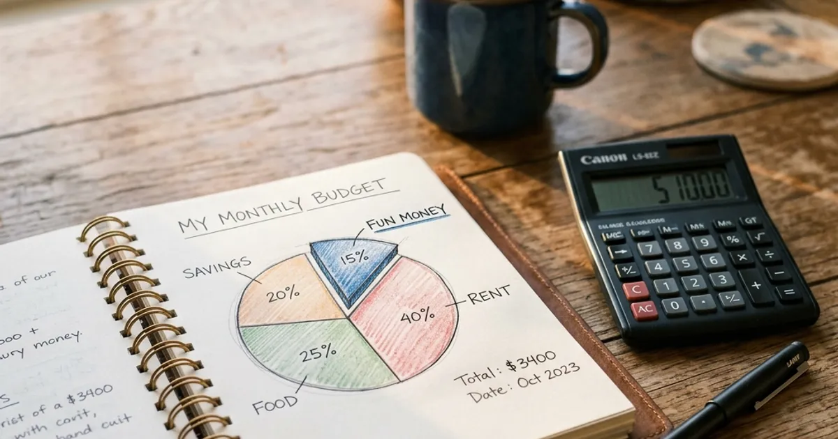 A pie chart drawn on an open notebook. One slice is shaded and labeled 'Fun Money'. A modern black calculator and a pen are resting next to it.