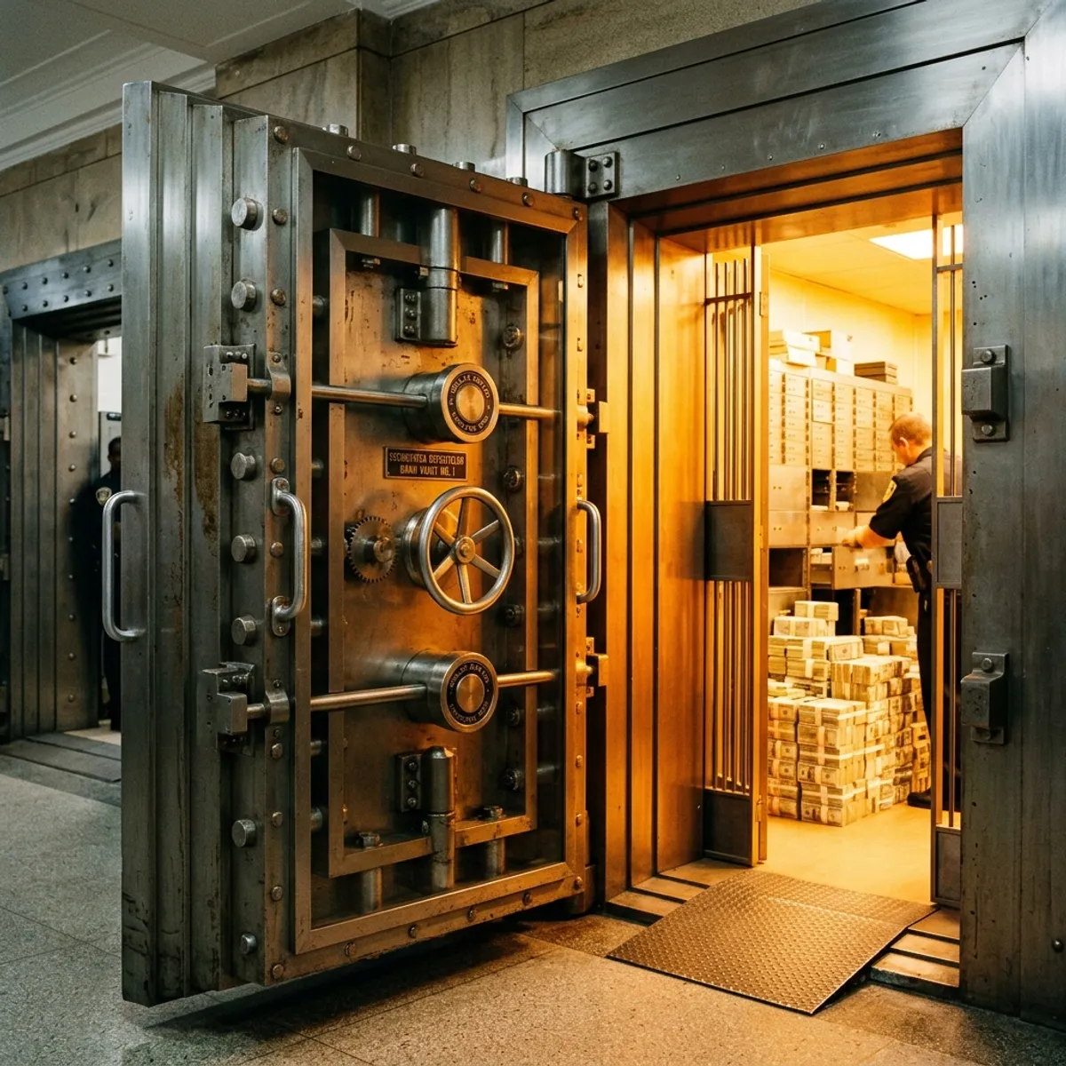 A solid bank vault door partially open, with bright warm light shining from inside.