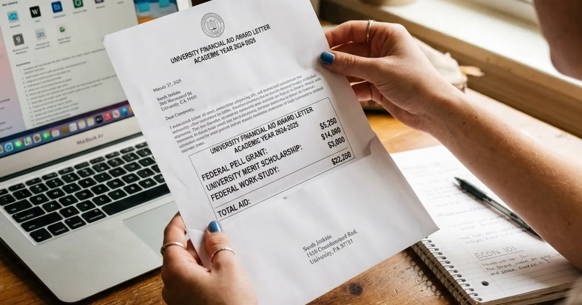 A college student's hands holding an open envelope revealing a financial aid award letter.