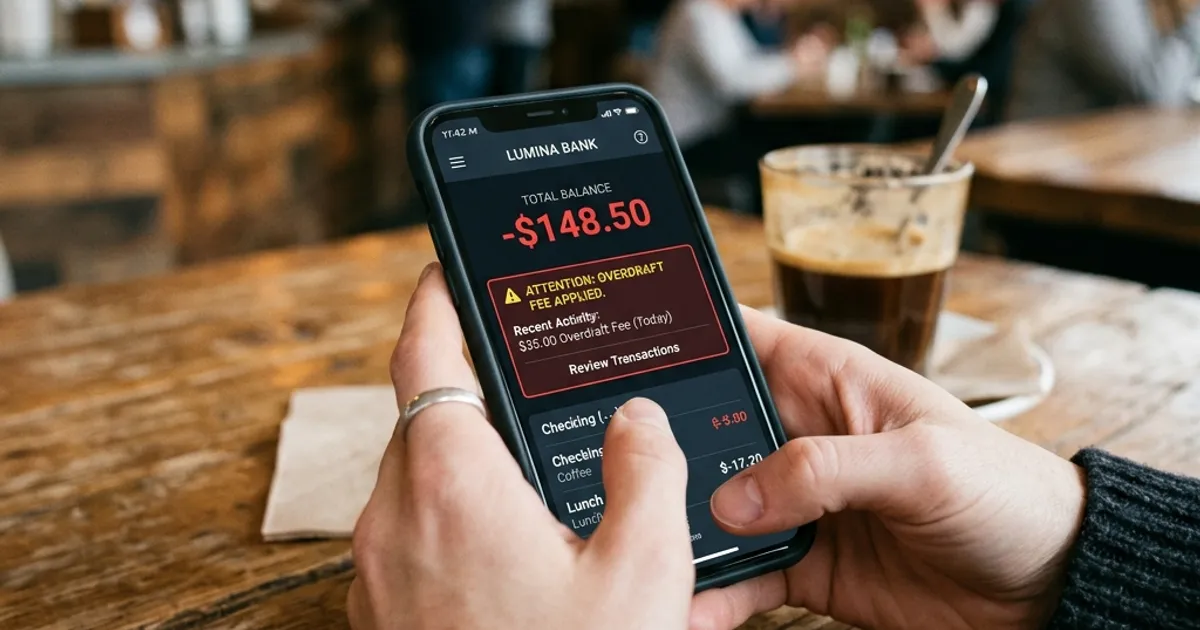 A person holding a smartphone, the screen displays a banking app with a red negative balance and an 'Overdraft Fee' warning.
