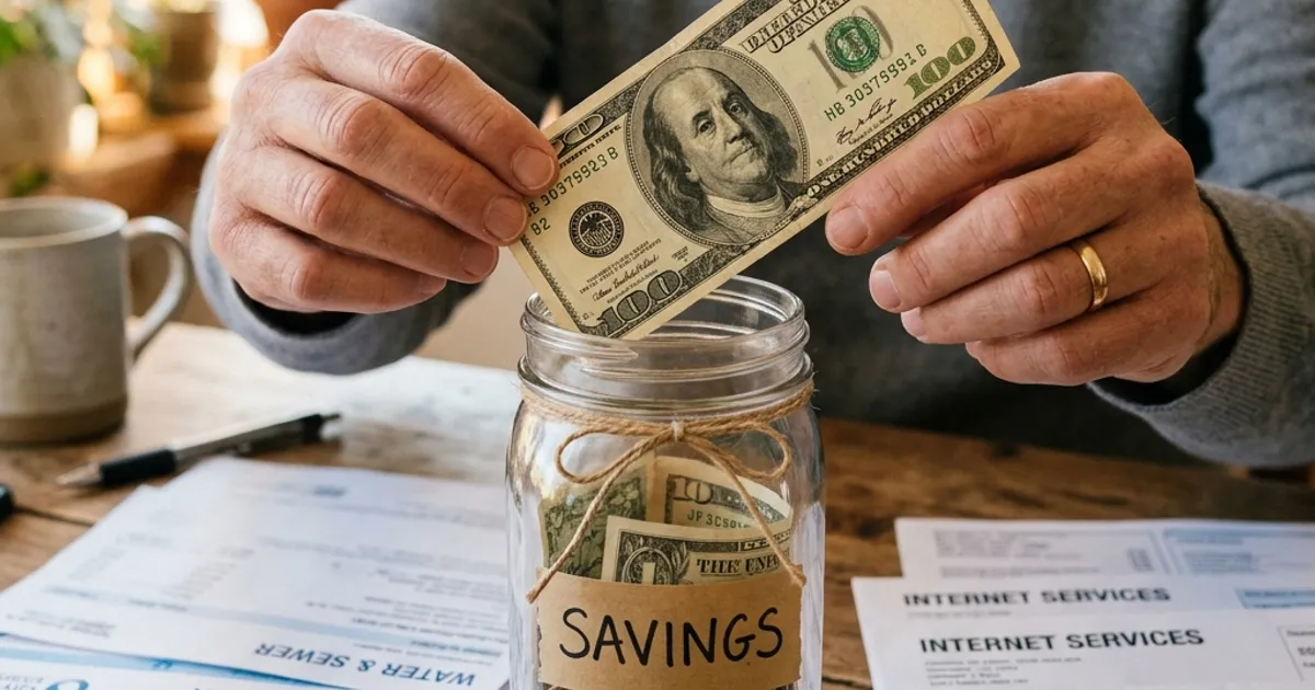 Hands holding a hundred dollar bill above a clear glass jar labeled 'SAVINGS', with a stack of utility bills in the background.