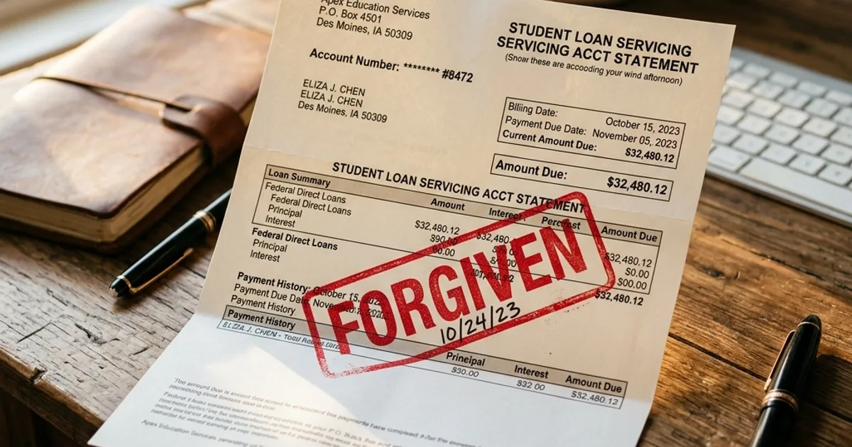 A student loan bill with a red FORGIVEN stamp across the amount due.