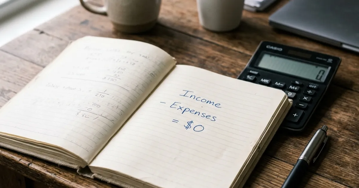 An open notebook on a desk. The handwritten text says 'Income - Expenses = $0'. A sleek black calculator and a pen are resting next to it.