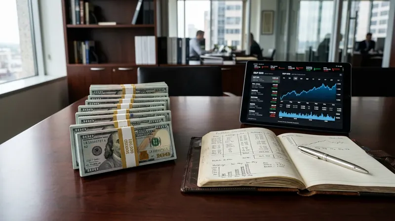 Ten thousand dollars in neat hundred dollar bill stacks next to an open financial portfolio ledger and a modern digital tablet displaying market index charts on a dark mahogany executive desk.